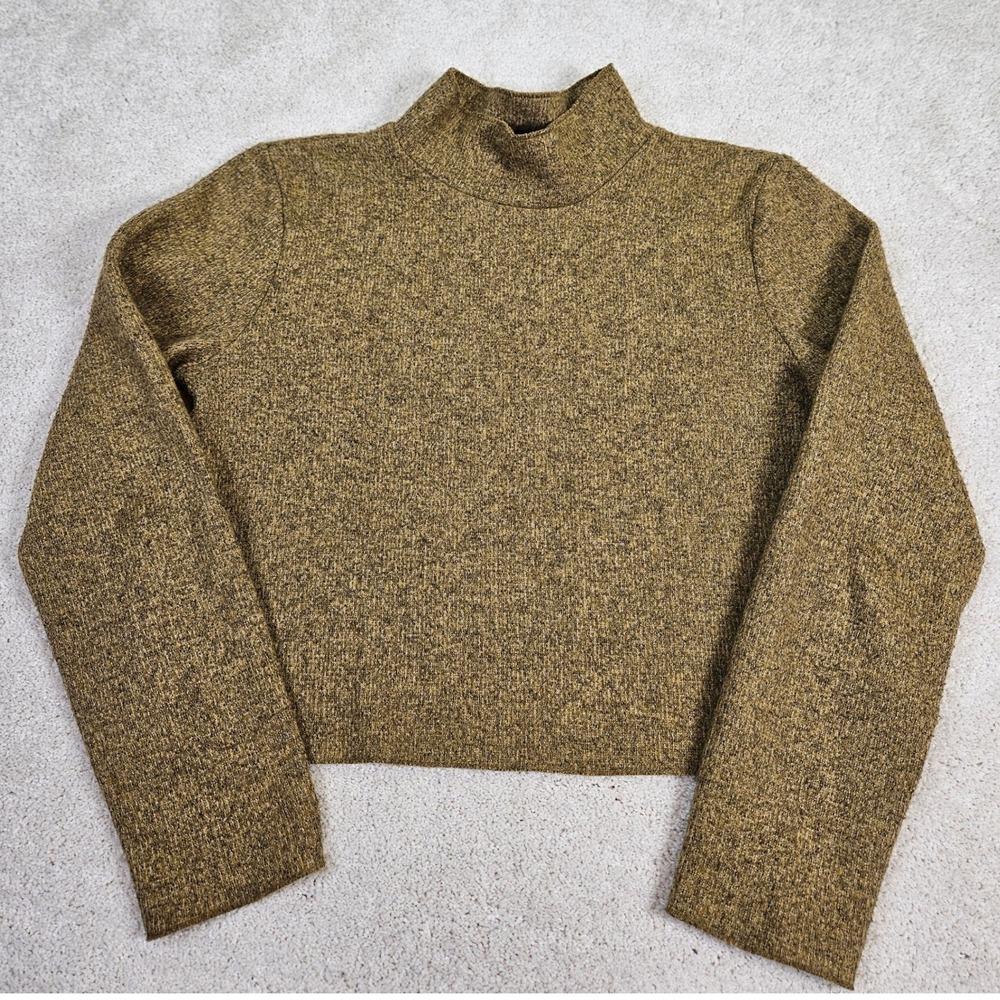 Zara Knit Mock Neck Top Sleek Cropped Olive Long Sleeve Pullover Sweater Size S